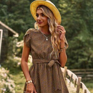 Devine Belted Round Neck Petal Sleeve Mini Dress